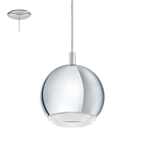 Conessa LED pendel i metal Krom med skærm i klar plastik, 4x3,3W LED, længde 101 cm, bredde 15 cm, højde 110 cm.